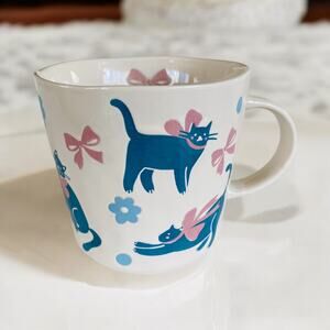 New Hand Painted Blue Cat in Pink Bows Ribbon & Daisy 16oz Coffee Tea Kitten Mug